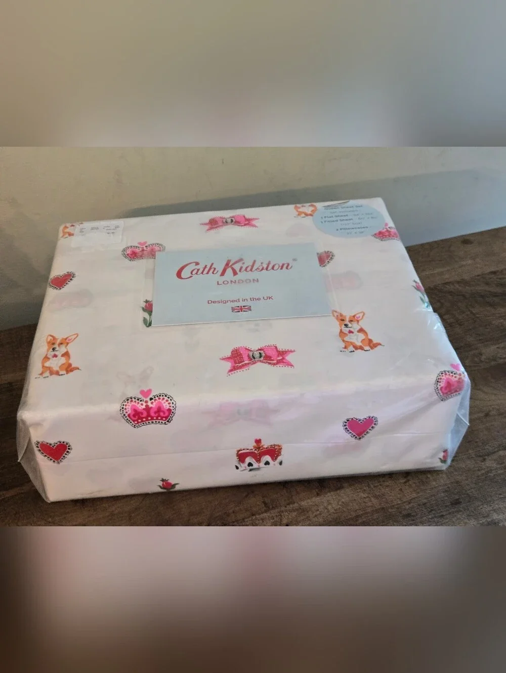 NWT! Cath Kidston Corgi Dogs Royal Ditsy Ruby Queen Size Sheet Set - 100% Cotton